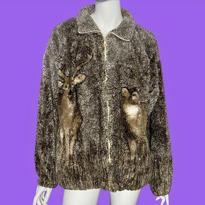Vintage Black Mountain Outdoor Full Zip Fluffy Fleece Jacket Deer Print size L